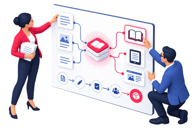 Two people plan connections between content, systems and publications.
