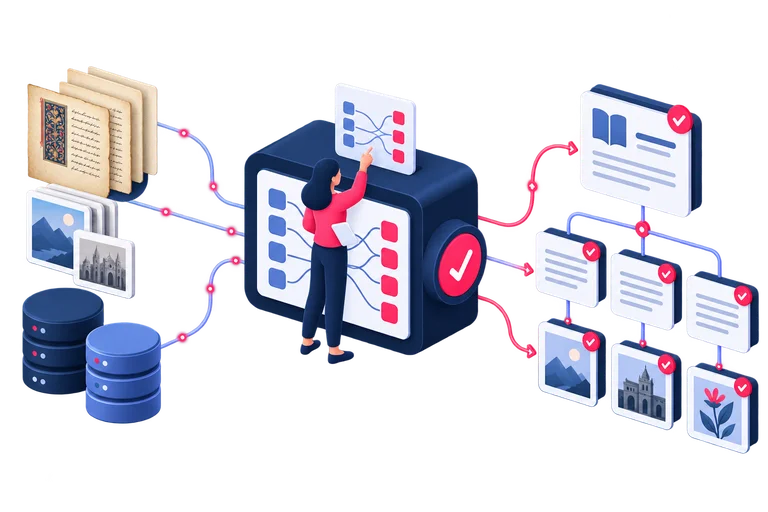Documents and data are transformed into structured, interconnected content components.