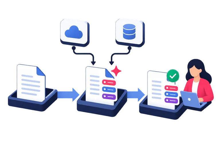 A document is enriched by connected services and then reviewed by a person.