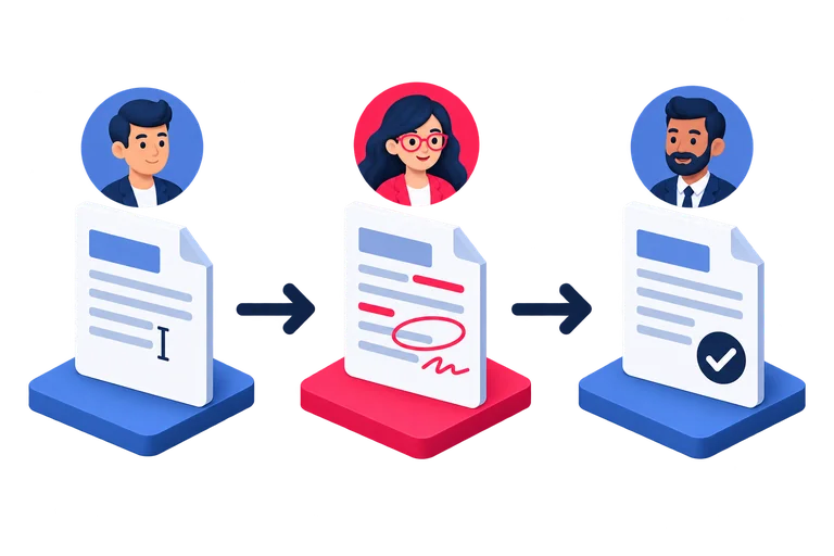 A document passes through creation, correction and approval by different people.