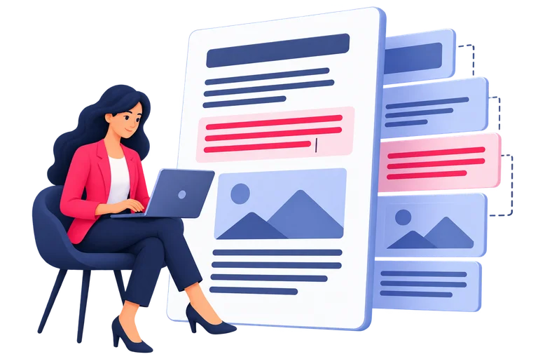An author edits text and images in structured content components.