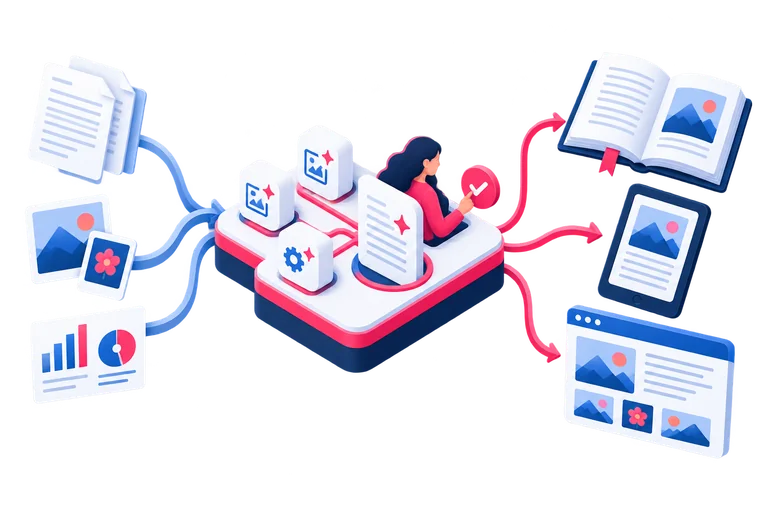 Content moves through an orchestrated workflow with human approval to become print and digital products.