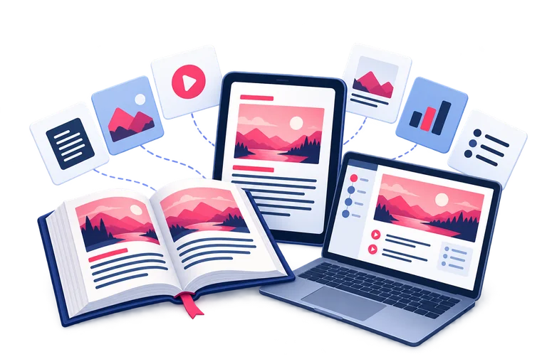 Text, images and video are assembled for books, tablets and laptops.