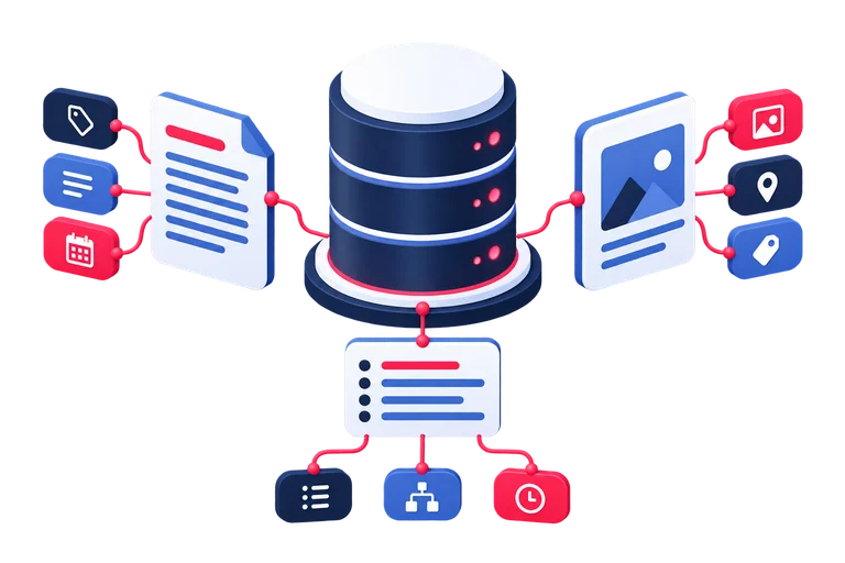 A central database connects content with metadata, relationships and search information.