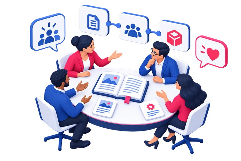 A group discusses documents and experiences around a table.