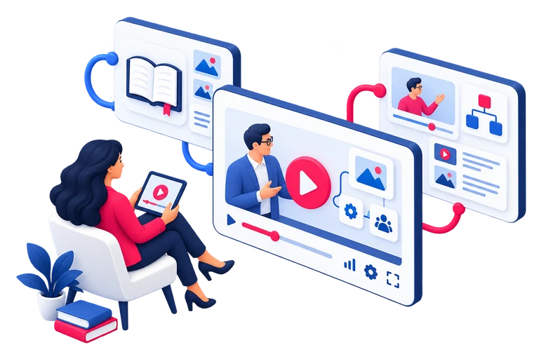 Two people watch a video presentation about connected publishing content.